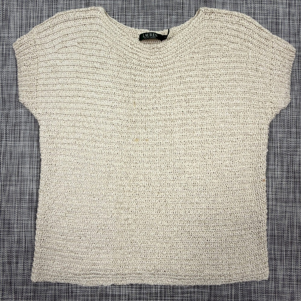 Lauren Ralph Lauren Womens Petite Large Cream Textured Knit Short Sleeve Sweater